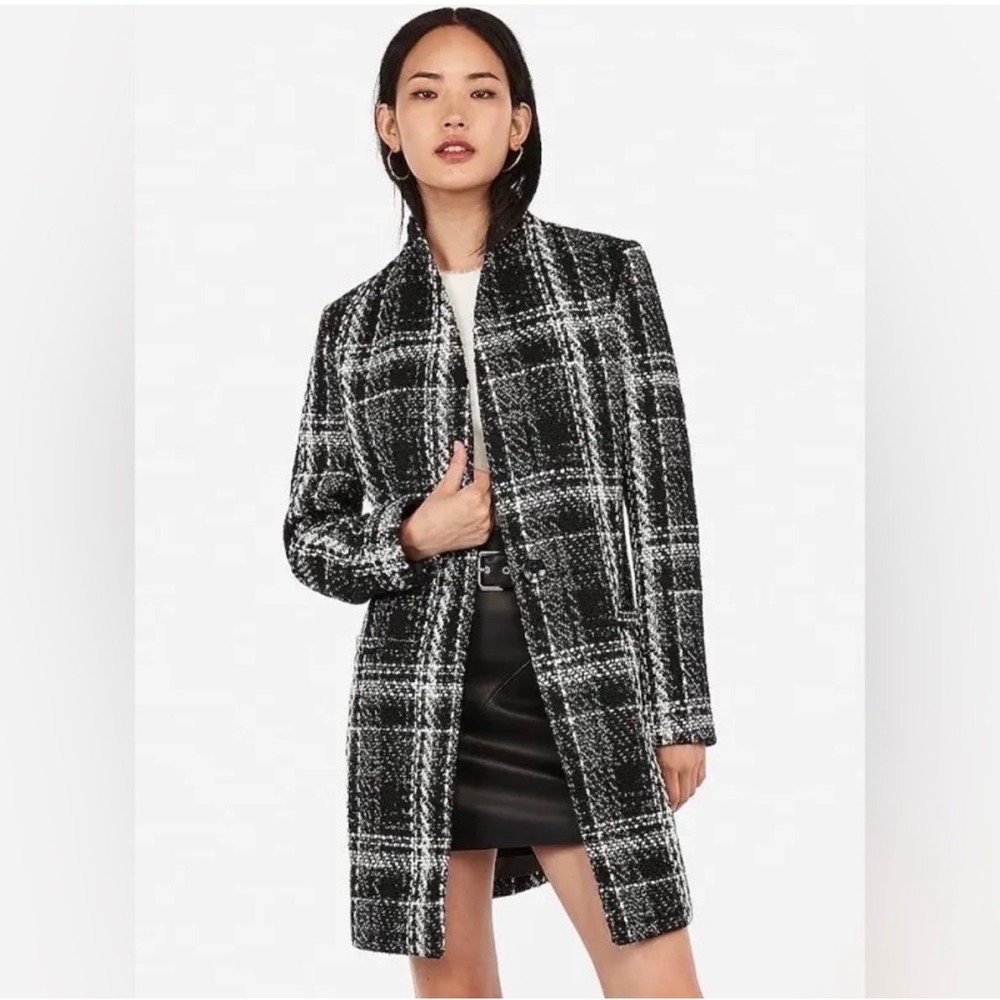 Express Plaid recycled wool collarless tweed coat Black White Metallic Small